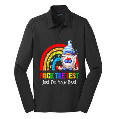 Rock The Test Funny Teacher Testing Day Rainbow Gnomes Silk Touch Performance Long Sleeve Polo