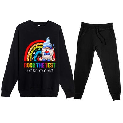 Rock The Test Funny Teacher Testing Day Rainbow Gnomes Premium Crewneck Sweatsuit Set