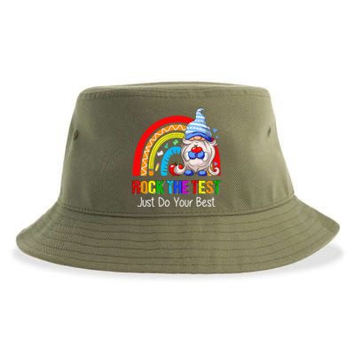 Rock The Test Funny Teacher Testing Day Rainbow Gnomes Sustainable Bucket Hat