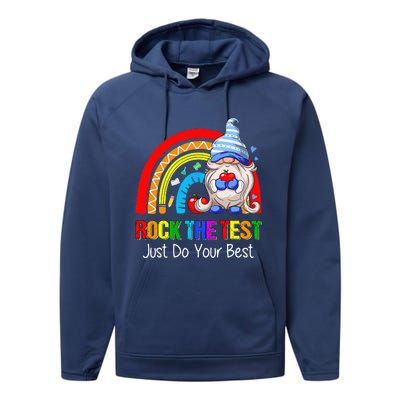 Rock The Test Funny Teacher Testing Day Rainbow Gnomes Performance Fleece Hoodie