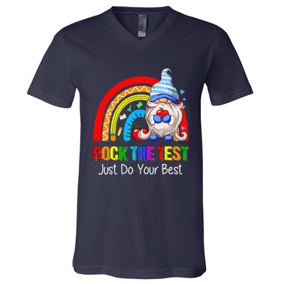 Rock The Test Funny Teacher Testing Day Rainbow Gnomes V-Neck T-Shirt