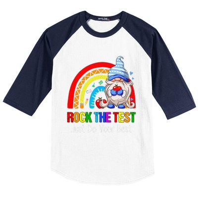 Rock The Test Funny Teacher Testing Day Rainbow Gnomes Baseball Sleeve Shirt