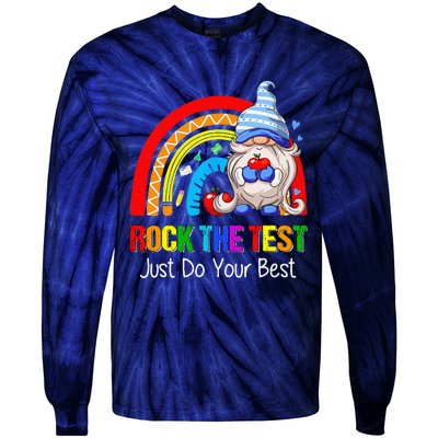 Rock The Test Funny Teacher Testing Day Rainbow Gnomes Tie-Dye Long Sleeve Shirt