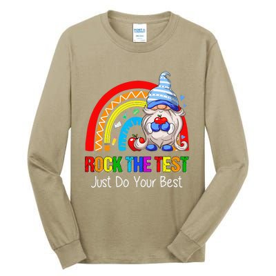 Rock The Test Funny Teacher Testing Day Rainbow Gnomes Tall Long Sleeve T-Shirt