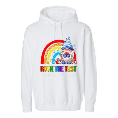 Rock The Test Funny Teacher Testing Day Rainbow Gnomes Garment-Dyed Fleece Hoodie