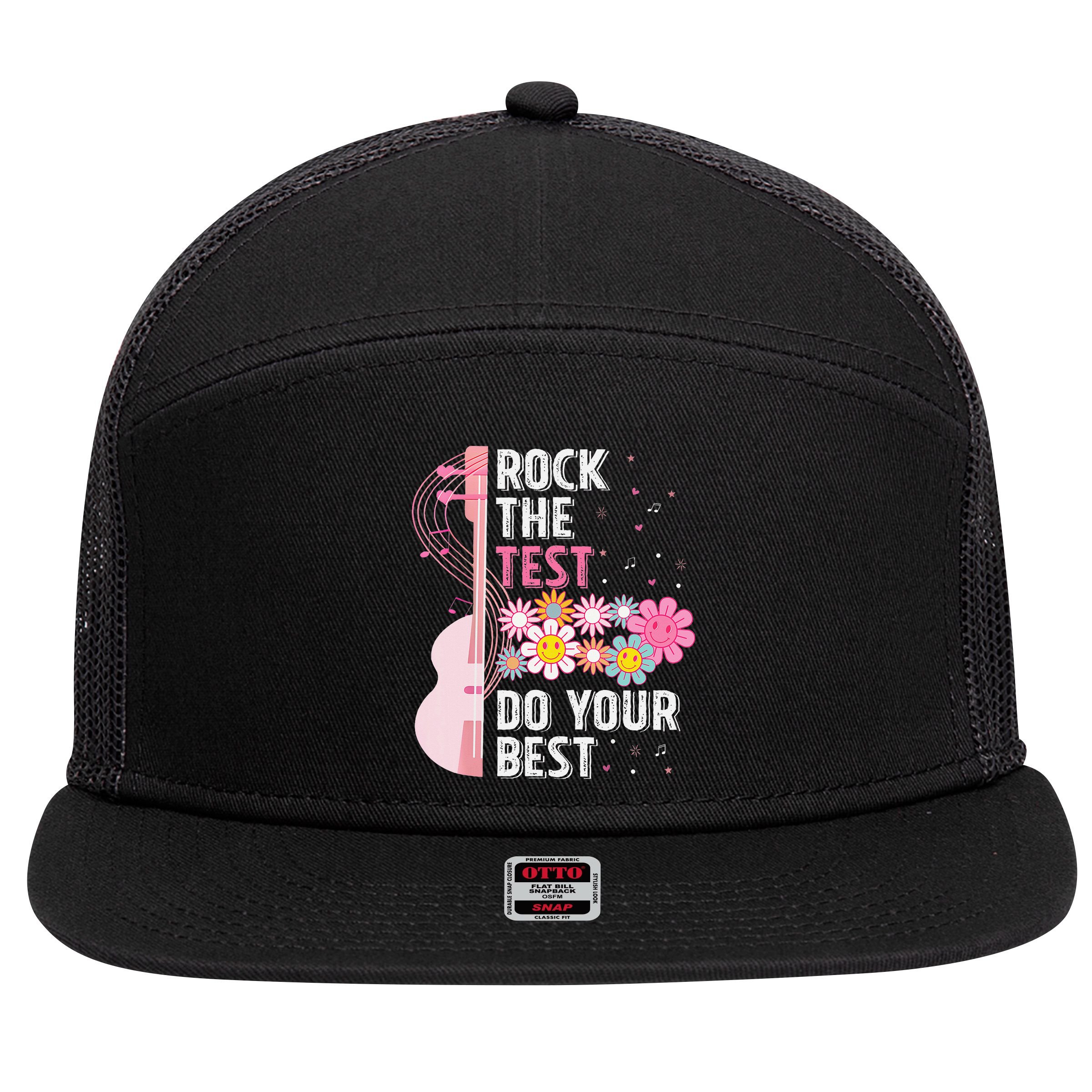 Rock The Test Do Your Best Testing Day Teachers Students Gift 7 Panel Mesh Trucker Snapback Hat