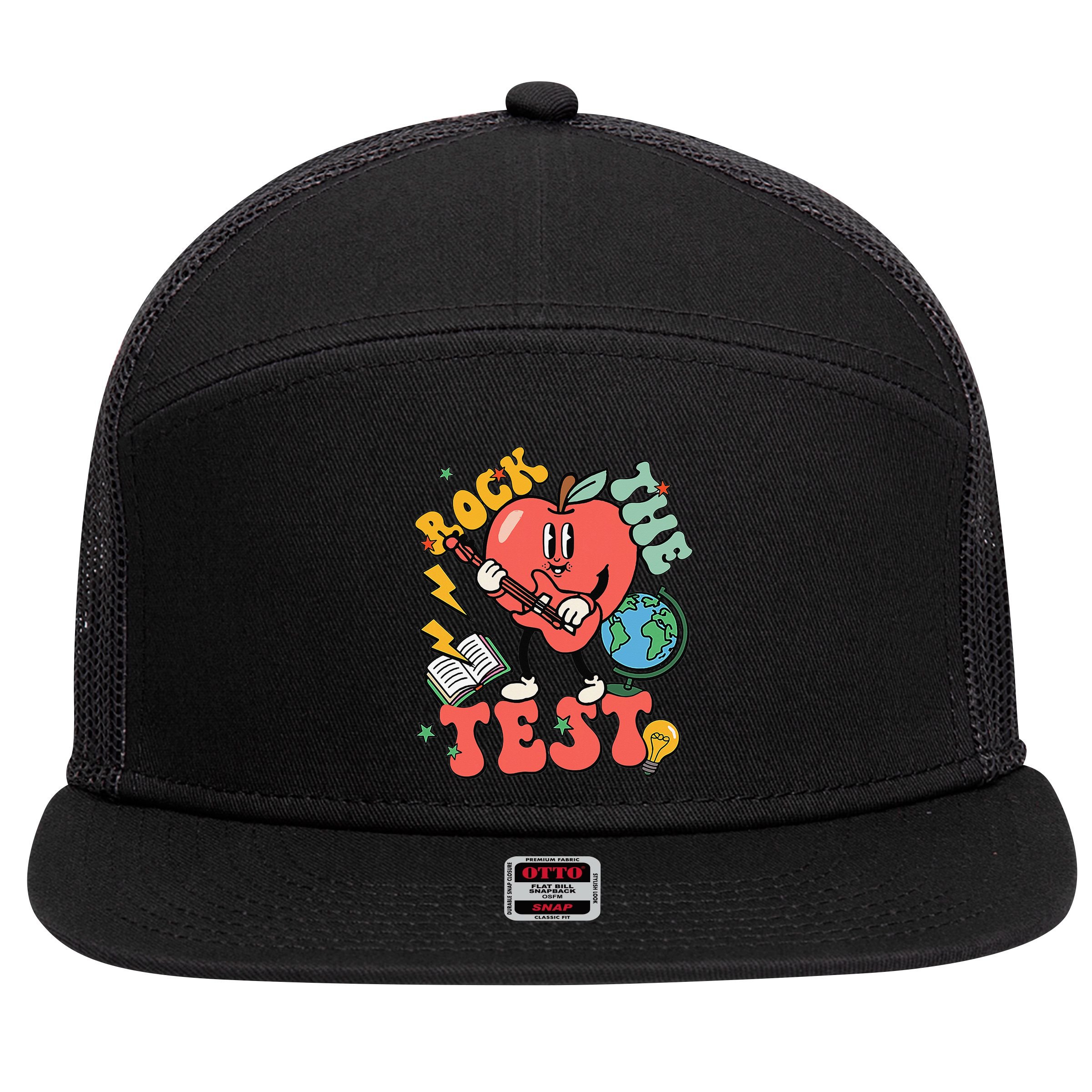 Rock The Test Apple Teacher Appreciation Teacher Graduation 7 Panel Mesh Trucker Snapback Hat