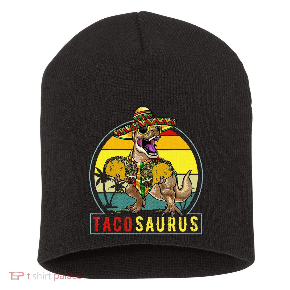 Retro Tacosaurus Taco Dinosaur T Rex Funny Cinco De Mayo Short Acrylic Beanie