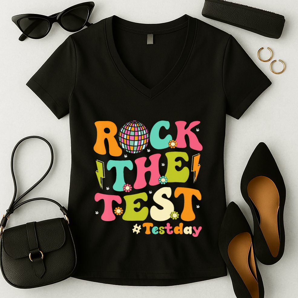 Rock The Test Testing Day Retro Motivational Women's V-Neck T-Shirt
