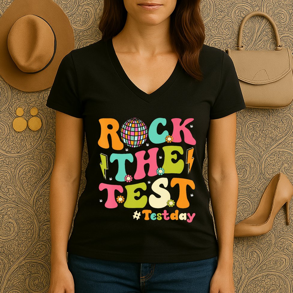 Rock The Test Testing Day Retro Motivational Women's V-Neck T-Shirt