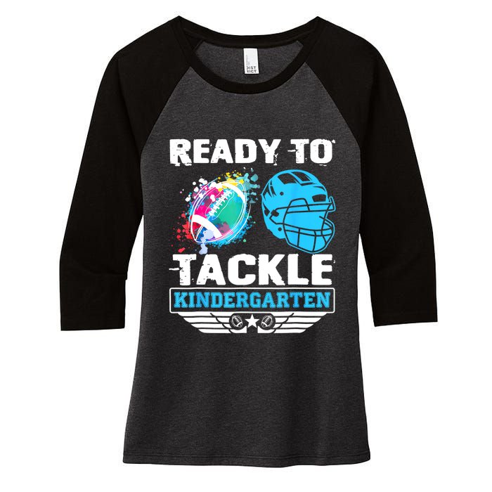 Ready To Tackle Kindergarten Football Back To School Boy Women's Tri-Blend 3/4-Sleeve Raglan Shirt