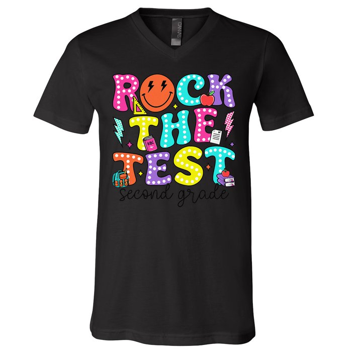 Rock The Test Day 2nd Grade Teacher Second Grade Testing V-Neck T-Shirt