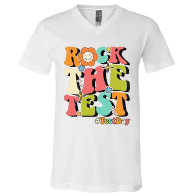 Rock The Test Testing Day Retro Motivational Teacher Student V-Neck T-Shirt