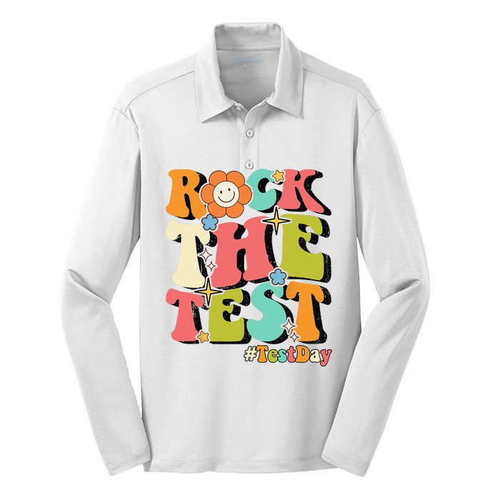 Rock The Test Testing Day Retro Motivational Teacher Student Silk Touch Performance Long Sleeve Polo