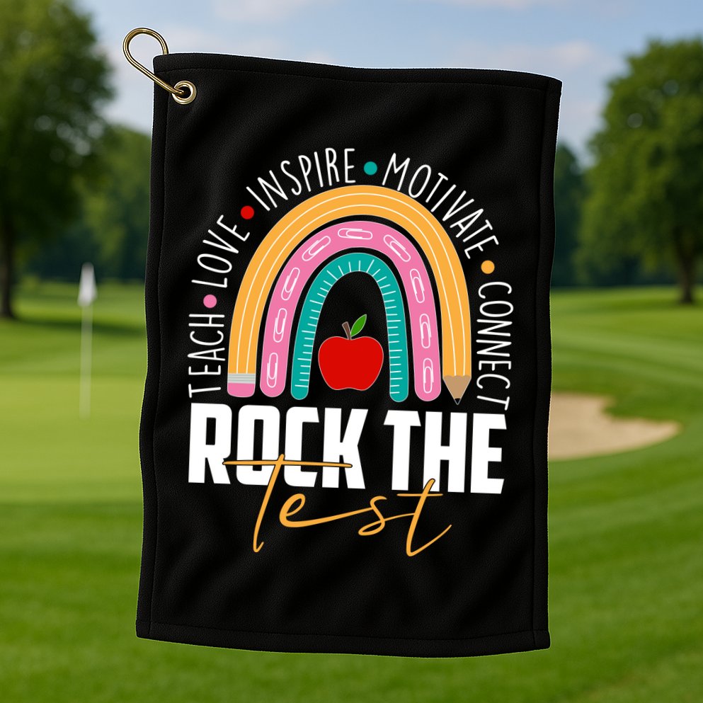 Rock The Test Teach Love Inspire Motivate Connect Golf Towel
