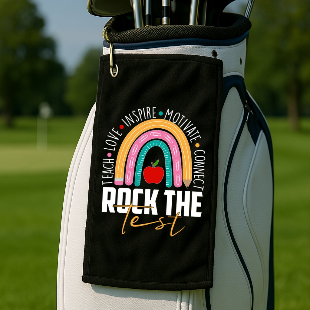 Rock The Test Teach Love Inspire Motivate Connect Golf Towel