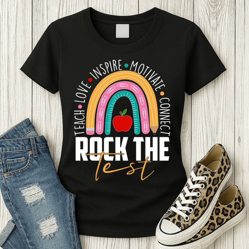 Rock The Test Teach Love Inspire Motivate Connect Womens T-Shirt