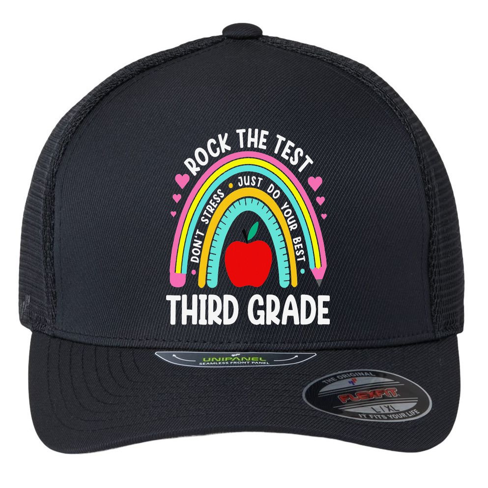 Rock The Test Day 3rd Grade Teacher Third Grade Testing Day Flexfit Unipanel Trucker Cap