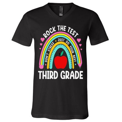 Rock The Test Day 3rd Grade Teacher Third Grade Testing Day V-Neck T-Shirt