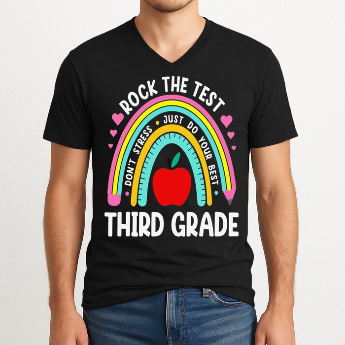 Rock The Test Day 3rd Grade Teacher Third Grade Testing Day V-Neck T-Shirt