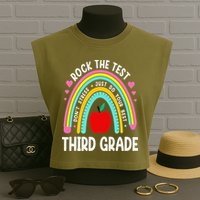 Rock The Test Day 3rd Grade Teacher Third Grade Testing Day Garment-Dyed Women's Muscle Tee