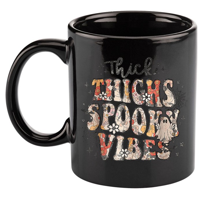 Retro Thick Thighs Spooky Vibes Halloween Floral Fall Vibes 11oz C Handle Ceramic Mug