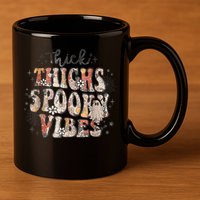 Retro Thick Thighs Spooky Vibes Halloween Floral Fall Vibes 11oz C Handle Ceramic Mug
