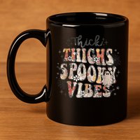 Retro Thick Thighs Spooky Vibes Halloween Floral Fall Vibes 11oz C Handle Ceramic Mug