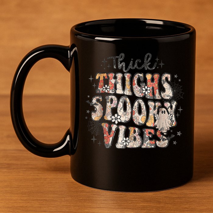 Retro Thick Thighs Spooky Vibes Halloween Floral Fall Vibes 11oz C Handle Ceramic Mug
