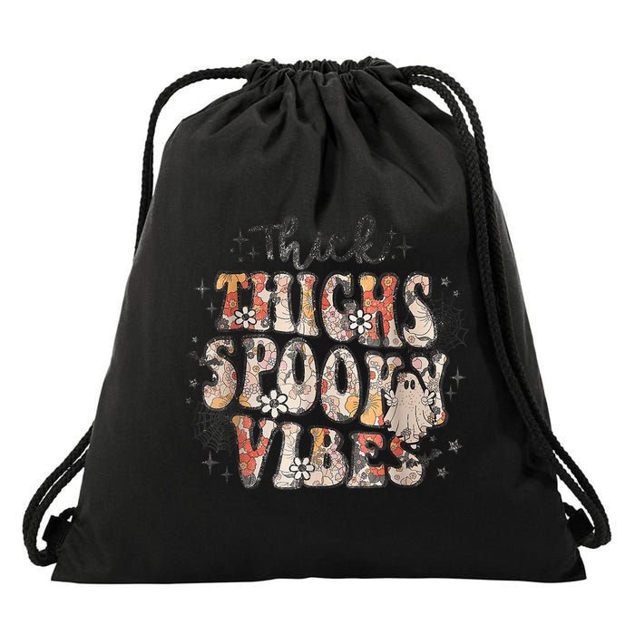 Retro Thick Thighs Spooky Vibes Halloween Floral Fall Vibes Drawstring Bag