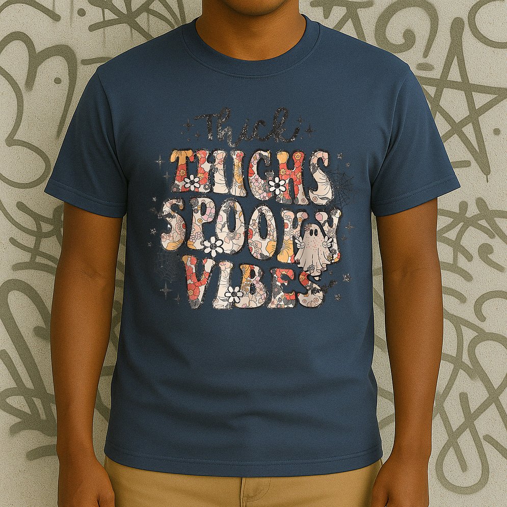 Retro Thick Thighs Spooky Vibes Halloween Floral Fall Vibes T-Shirt