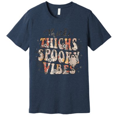 Retro Thick Thighs Spooky Vibes Halloween Floral Fall Vibes Premium T-Shirt
