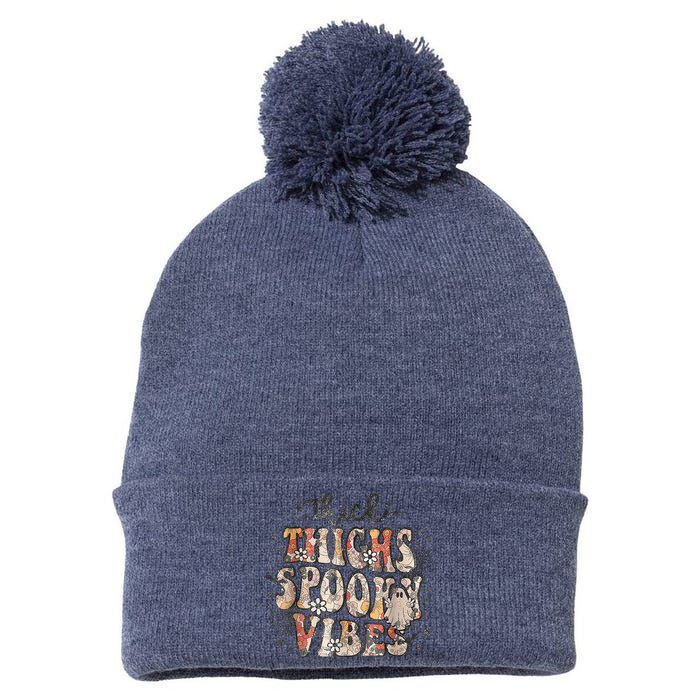 Retro Thick Thighs Spooky Vibes Halloween Floral Fall Vibes Pom Pom 12in Knit Beanie