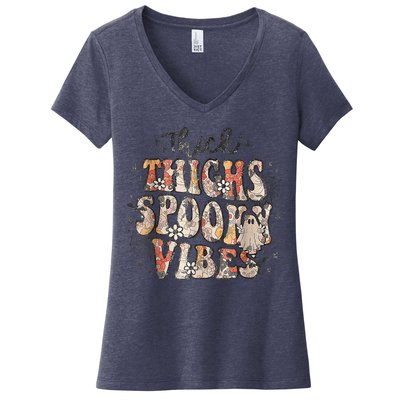 Retro Thick Thighs Spooky Vibes Halloween Floral Fall Vibes Women's V-Neck T-Shirt