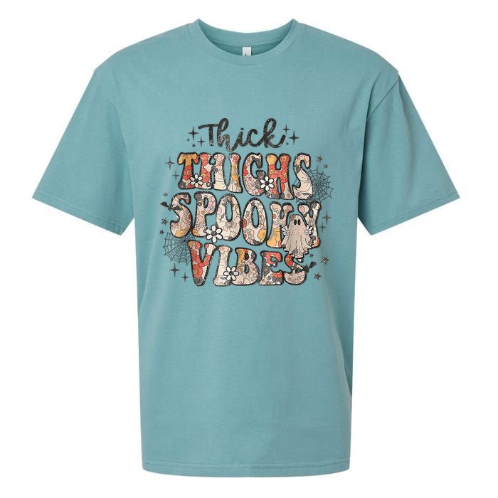Retro Thick Thighs Spooky Vibes Halloween Floral Fall Vibes Sueded Cloud Jersey T-Shirt