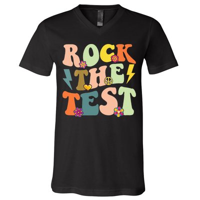 Rock The Test Groovy Design Funny Testing Day Teacher V-Neck T-Shirt