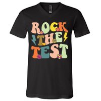 Rock The Test Groovy Design Funny Testing Day Teacher V-Neck T-Shirt