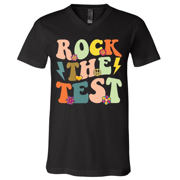 Rock The Test Groovy Design Funny Testing Day Teacher V-Neck T-Shirt