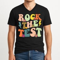 Rock The Test Groovy Design Funny Testing Day Teacher V-Neck T-Shirt
