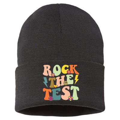 Rock The Test Groovy Design Funny Testing Day Teacher Sustainable Knit Beanie