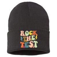 Rock The Test Groovy Design Funny Testing Day Teacher Sustainable Knit Beanie