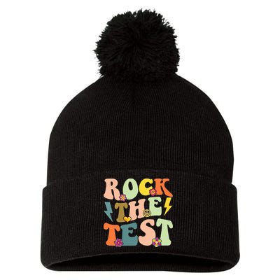 Rock The Test Groovy Design Funny Testing Day Teacher Pom Pom 12in Knit Beanie