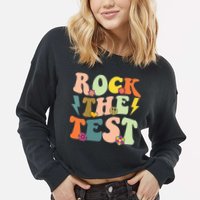 Rock The Test Groovy Design Funny Testing Day Teacher Cropped Pullover Crew