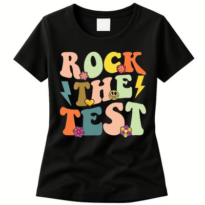 Rock The Test Groovy Design Funny Testing Day Teacher Womens T-Shirt