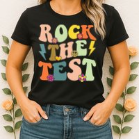 Rock The Test Groovy Design Funny Testing Day Teacher Womens T-Shirt
