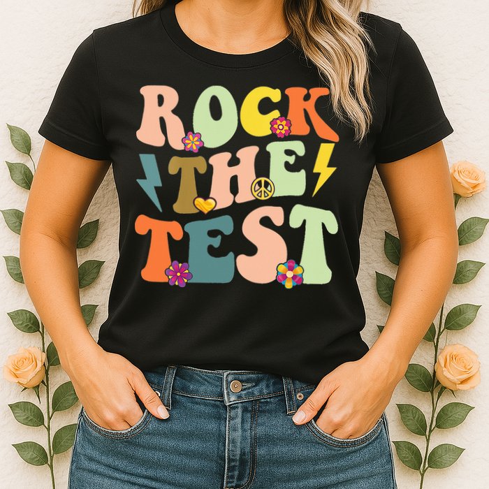 Rock The Test Groovy Design Funny Testing Day Teacher Womens T-Shirt