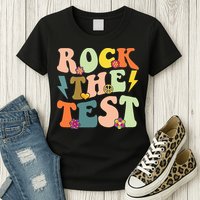 Rock The Test Groovy Design Funny Testing Day Teacher Womens T-Shirt