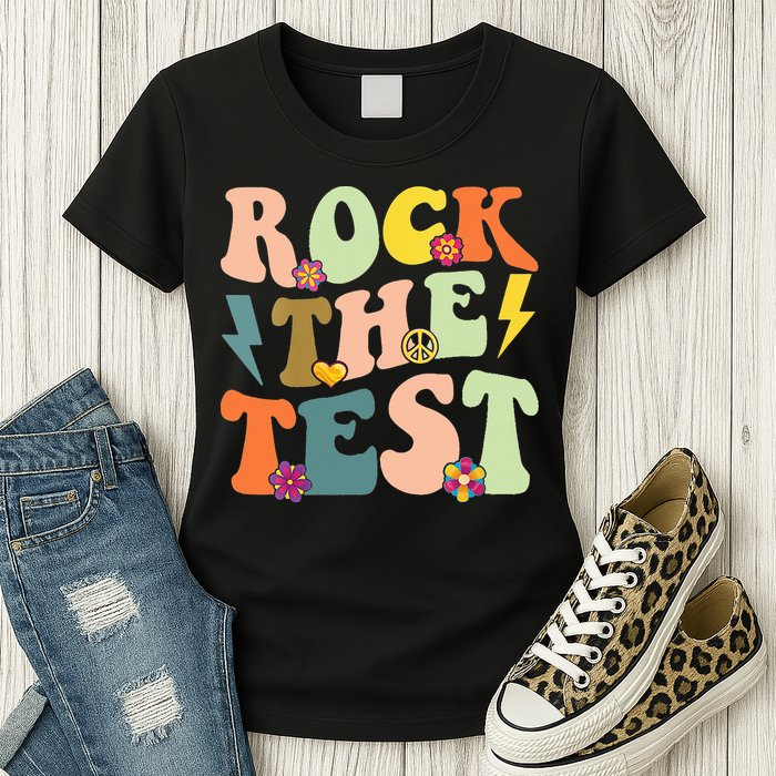 Rock The Test Groovy Design Funny Testing Day Teacher Womens T-Shirt