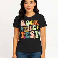Rock The Test Groovy Design Funny Testing Day Teacher Womens T-Shirt
