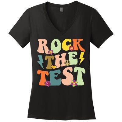Rock The Test Groovy Design Funny Testing Day Teacher Women's V-Neck T-Shirt